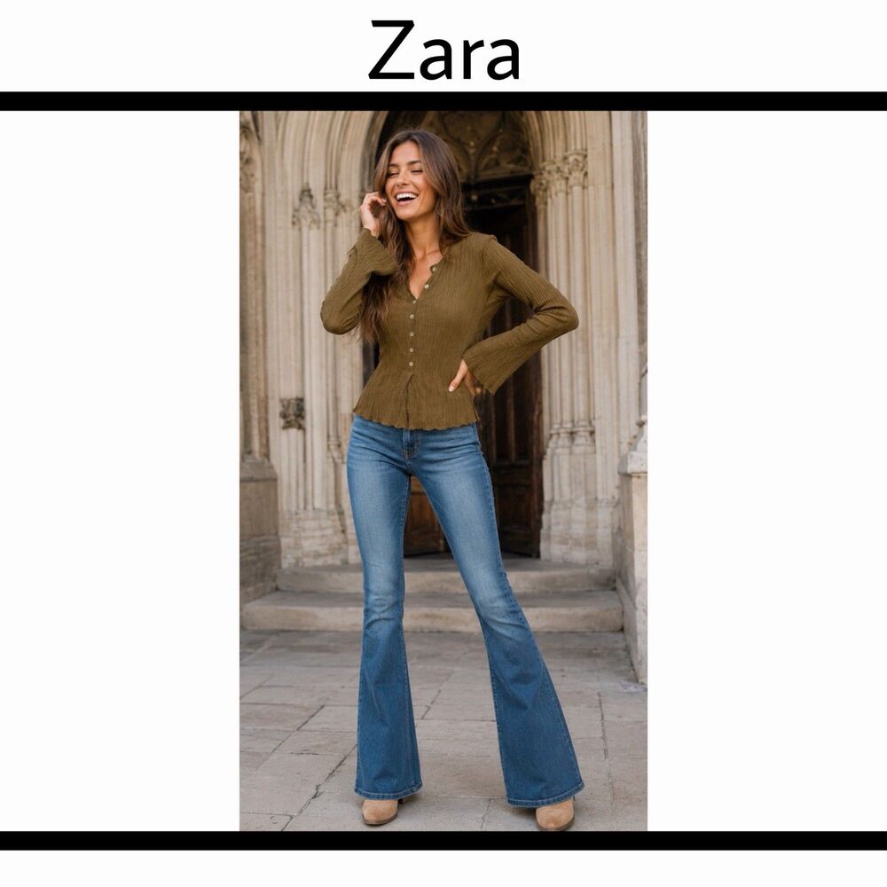 Zara Crinkle Textured Micro-pleat Blouse Olive Brown Top Women’s XS Earthy
